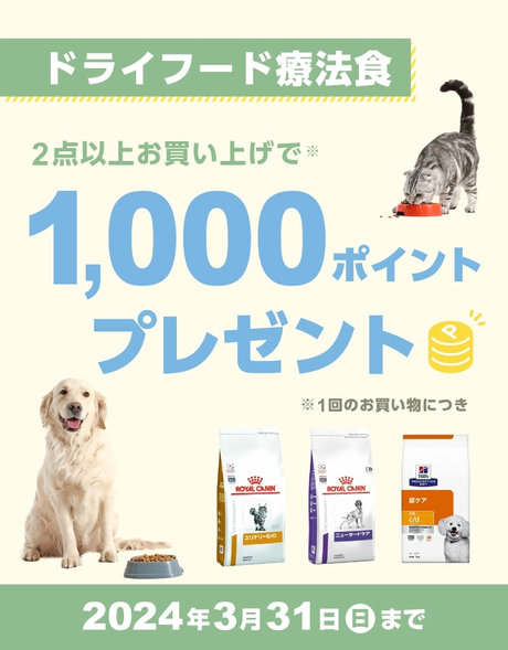 ドライフード療法食2点以上お買い上げで1,000ポイントプレゼント